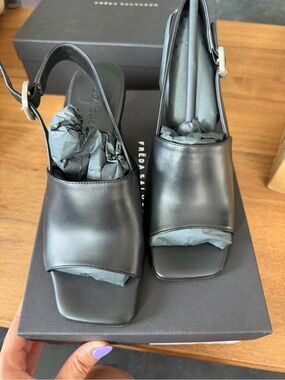 Freda Salvador Black Leather Square-Toe Slingback Heels